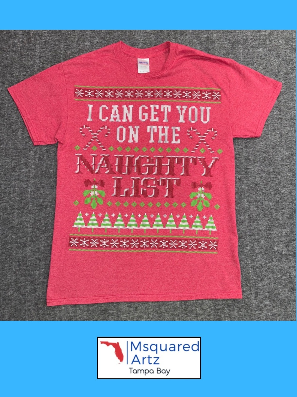 Gildan Heavy Cotton Men’s Medium Red Christmas Ugly Sweater Graphic T-Shirt